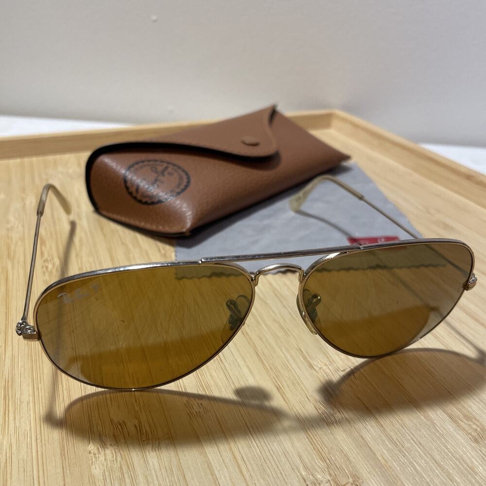 Ray Ban Aviator Polarized ￼Sunglasses Gold Frame With Brownish Lens 58 [] 14